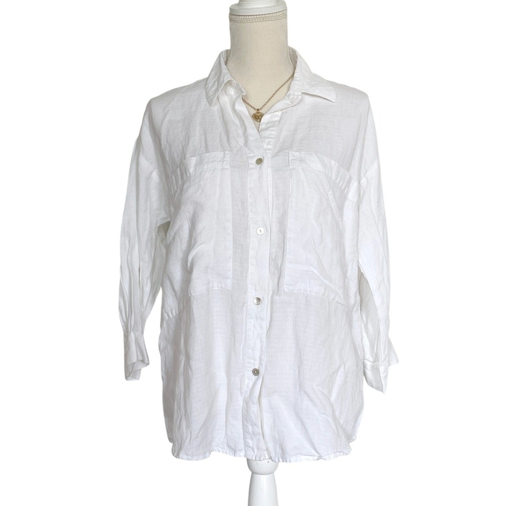 Eileen Fisher Womens White 3/4 Sleeve Linen Button Shirt XS Beach Summer Casual